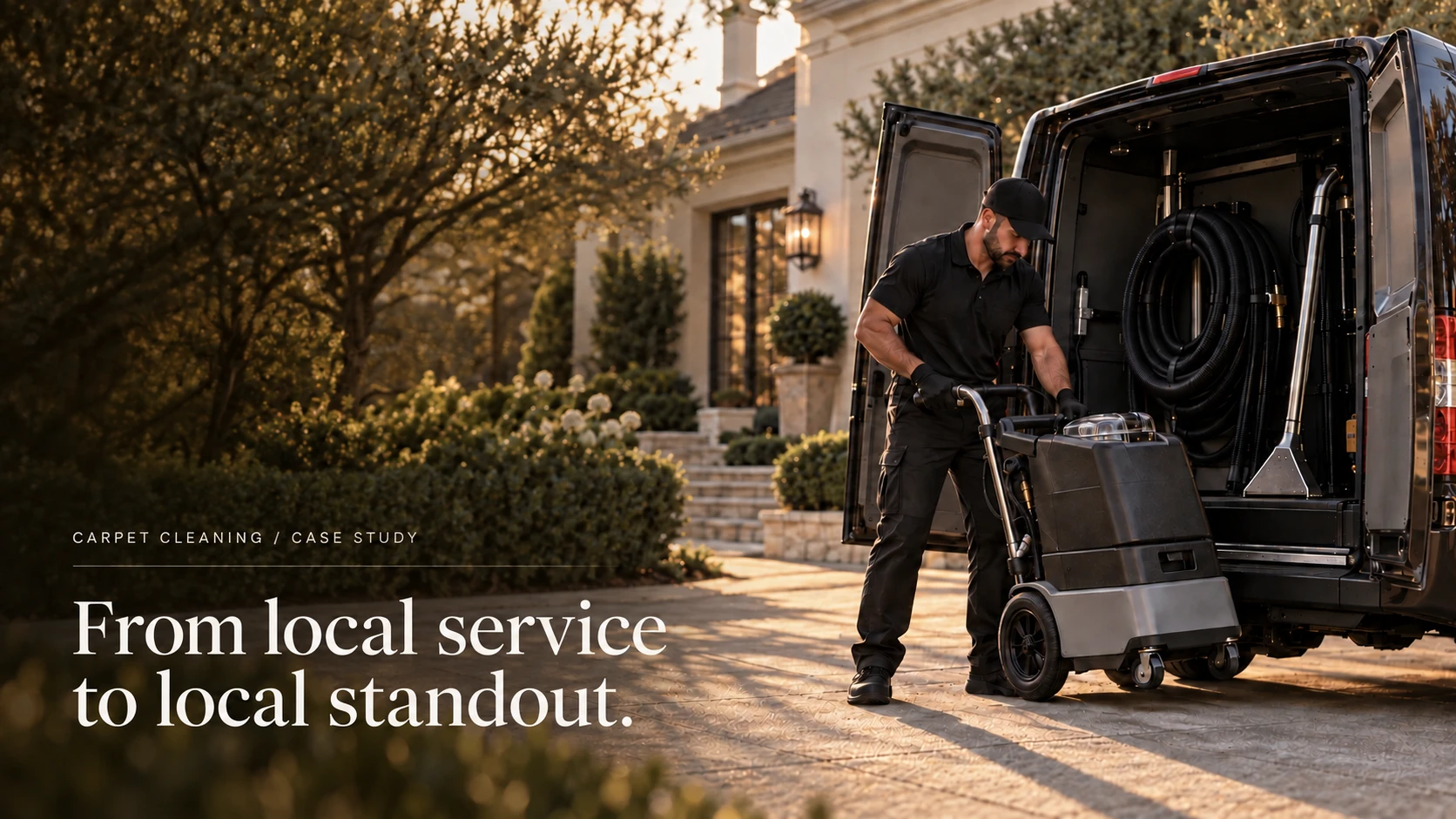 Carpet cleaning case study: from local service to local standout. A technician wheels an extraction machine from his van up a home's driveway.