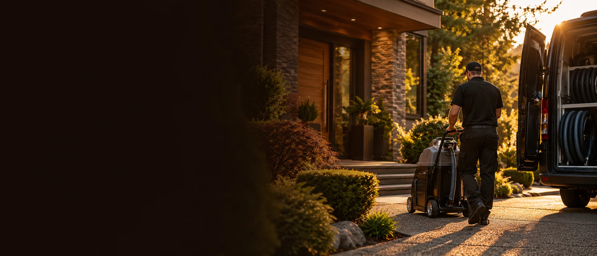 A carpet cleaning technician wheels an extraction machine up a modern home's driveway toward the front door at golden hour, the work van open behind him.