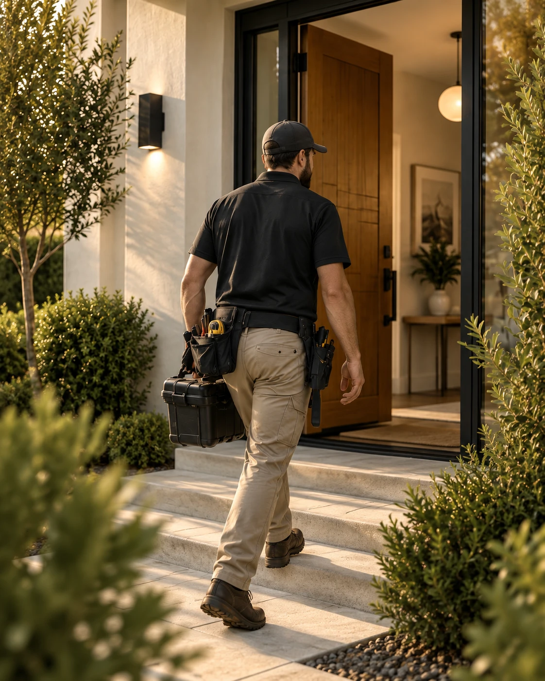 A tradesman carrying a toolbox walks up the front steps into a client's home.
